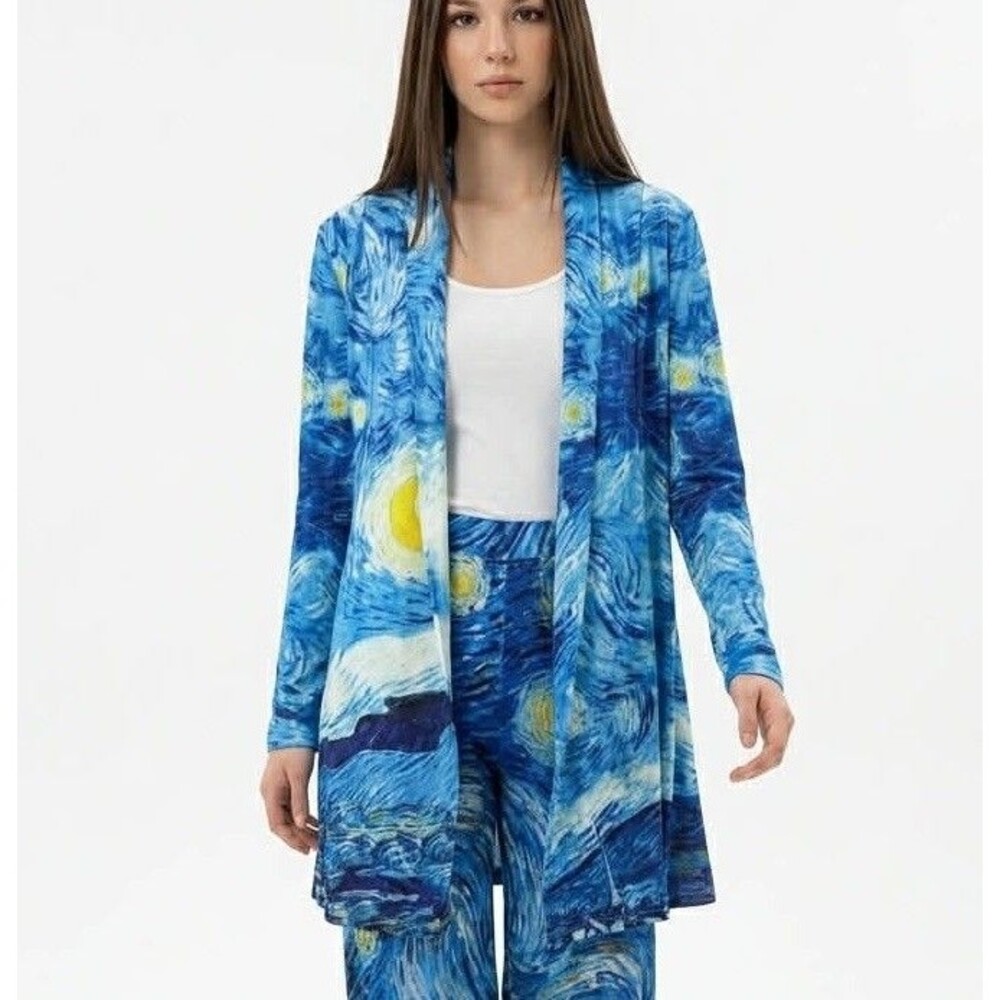 Starry Night Print Open Front Cardigan Women Size M Blue Art Knit